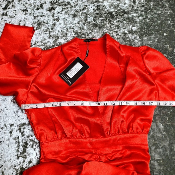 PrettyLittleThing Red Satin Ruched Skirt Puff Sleeve Midi Dress - Picture 7 of 8